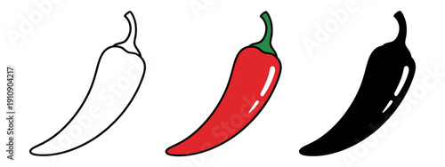 Red chili pepper icons in three variations: outline, colored, and silhouette. Minimalist spicy vegetable vector set for food menus.