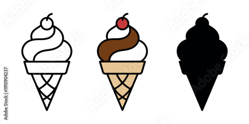 Soft serve swirl ice cream in a waffle cone with a cherry, featuring line art, flat color, and solid black styles. Minimalist dessert icon set.