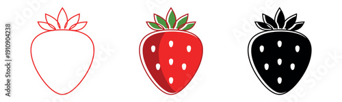 Stylized strawberry icons in three variations: red line art, flat color with shadow, and black silhouette. Modern graphic design for food apps.