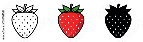 Set of three strawberry icons in outline, flat color, and solid silhouette styles. Minimalist fruit illustrations isolated on white background.
