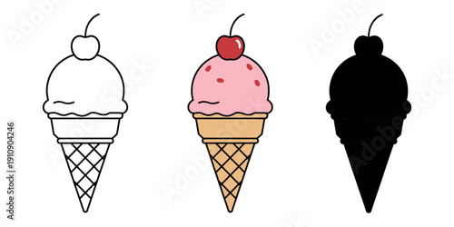 Single scoop strawberry ice cream cone with a cherry in three variations: outline, colored, and silhouette. Playful hand-drawn vector illustration.