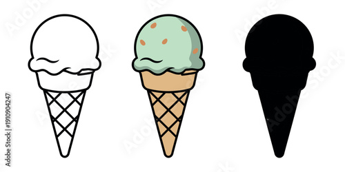 Mint chocolate chip ice cream cone icons in outline, flat green color, and black silhouette styles. Simple vector graphic for dessert branding.