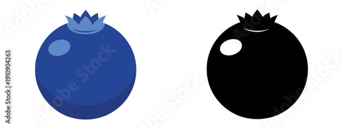 Two blueberry icons in a clean flat style and solid black silhouette. Minimalist round berry illustration with highlights for digital design.