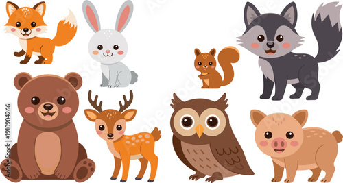 Cute woodland forest animal vector collection featuring a fox rabbit squirrel wolf bear deer owl and wild boar.