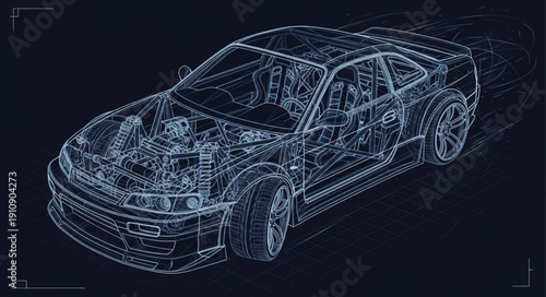 Wireframe Car Design Model Vehicle.