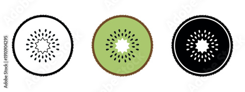 Kiwi fruit slice icons in three styles: line art, realistic green color, and negative silhouette. Detailed cross-section illustration with seeds.