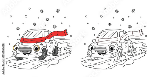 Vector illustration of a cute cartoon car driving in winter snow wearing a red scarf. Set includes a colored mascot character and a black and white outline version suitable for coloring book page.