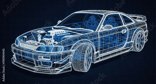 Wireframe Car Design Model Vehicle.