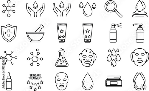 Minimal line icon set for skincare, spa treatment, cosmetics, wellness routine, laboratory beauty, and self-care product concepts