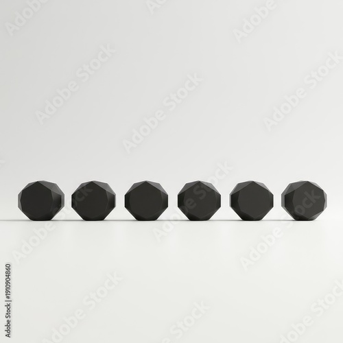 Identical, abstract geometric forms precisely aligned in perfect synchrony against a vast, empty white background, highlighting harmony and precision ,order ,conceptual ,structure