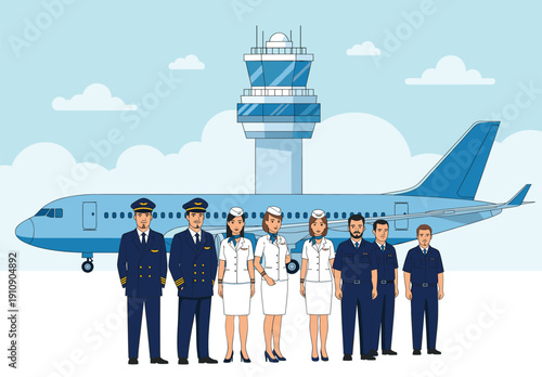 Professional Airline Crew Group with Pilots, Flight Attendants, and Ground Staff Standing in Front of Airplane and Control Tower for Aviation Industry Career and Travel Servi