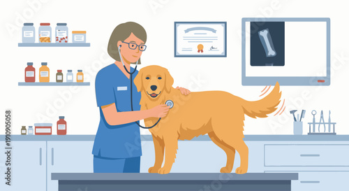 Veterinarian Examining Dog

Flat vector illustration of a veterinarian examining a dog on a clinic table using a stethoscope. Clean clinic background with medical tools. Clean flat vector style, solid