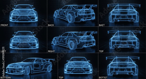 Wireframe Car Designs on Dark Background.