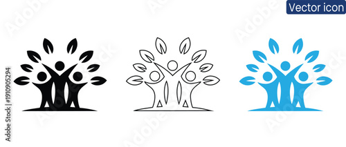 Symbolic representation of teamwork and unity, featuring a diverse group of people forming a tree with leaves, conveying harmony and cooperation in a modern and professional way