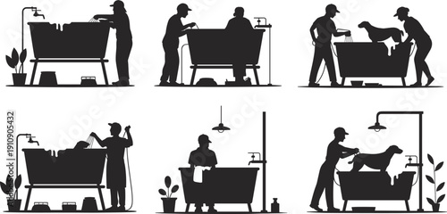 Collection of vector black silhouettes depicting people washing and grooming dogs in bathtubs, isolated on white, perfect for professional pet care salon and spa design.