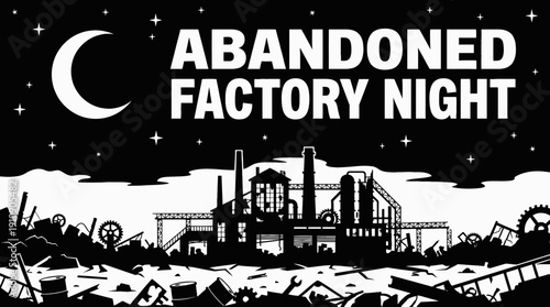 night abandoned factory landscape with bright moon and visible black and white vector stars over industrial skyline horizon showing celestial astronomy galaxy environment
