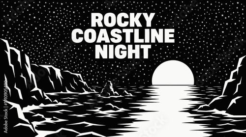 night rocky coastline landscape with full moon black and white reflection and dense stars across dark ocean horizon showing celestial astronomy galaxy environment