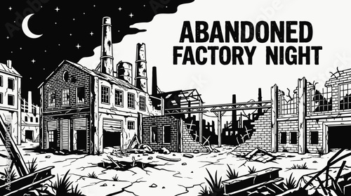 night abandoned factory landscape with bright moon and visible black and white vector stars over industrial skyline horizon showing celestial astronomy galaxy environment