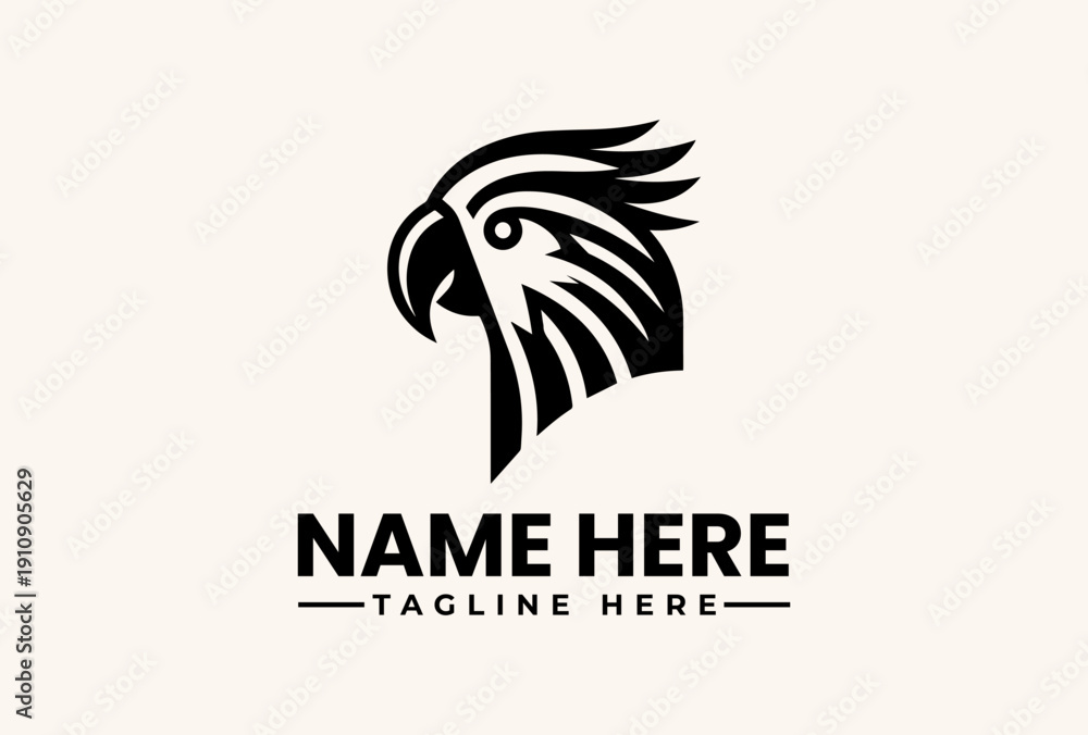 Fototapeta premium A black vector illustration of a stylized parrot head logo with a customizable name and tagline on a clean white background.