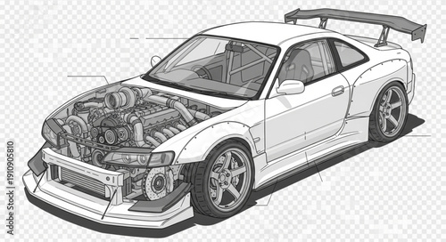 White Sports Car Engine Illustration.