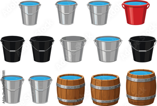 Industrial and Domestic Water Container Set Featuring Silver Metal Buckets, Red Plastic Pails, and Rustic Wooden Barrels for Gardening, Household, and Farm Graphic Design