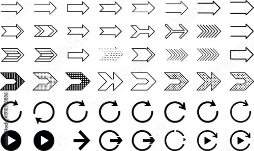 Minimal line arrow and circular arrow icon set featuring direction pointers navigation flow rotation reload and movement symbols