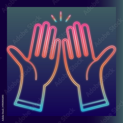 Neon Hands High Five Celebration Glowing Vector Illustration Teamwork Success Partnership