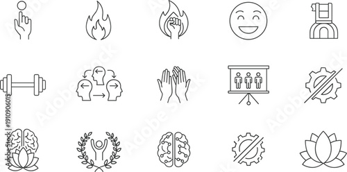 Black Outline Icon Set for Mental Wellness, Business Ethics, Team Leadership, Social Diversity, Growth, Peace, Collaboration, Strength, Humanity, and Success.