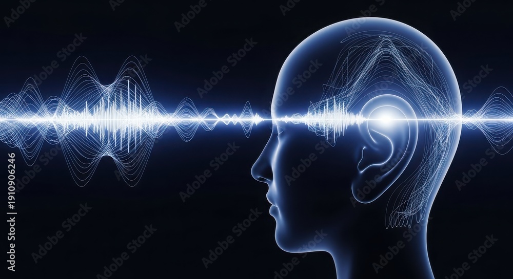 Obraz premium Abstract Illustration of Human Head Profile with Sound Waves and Audio Frequency Visualization