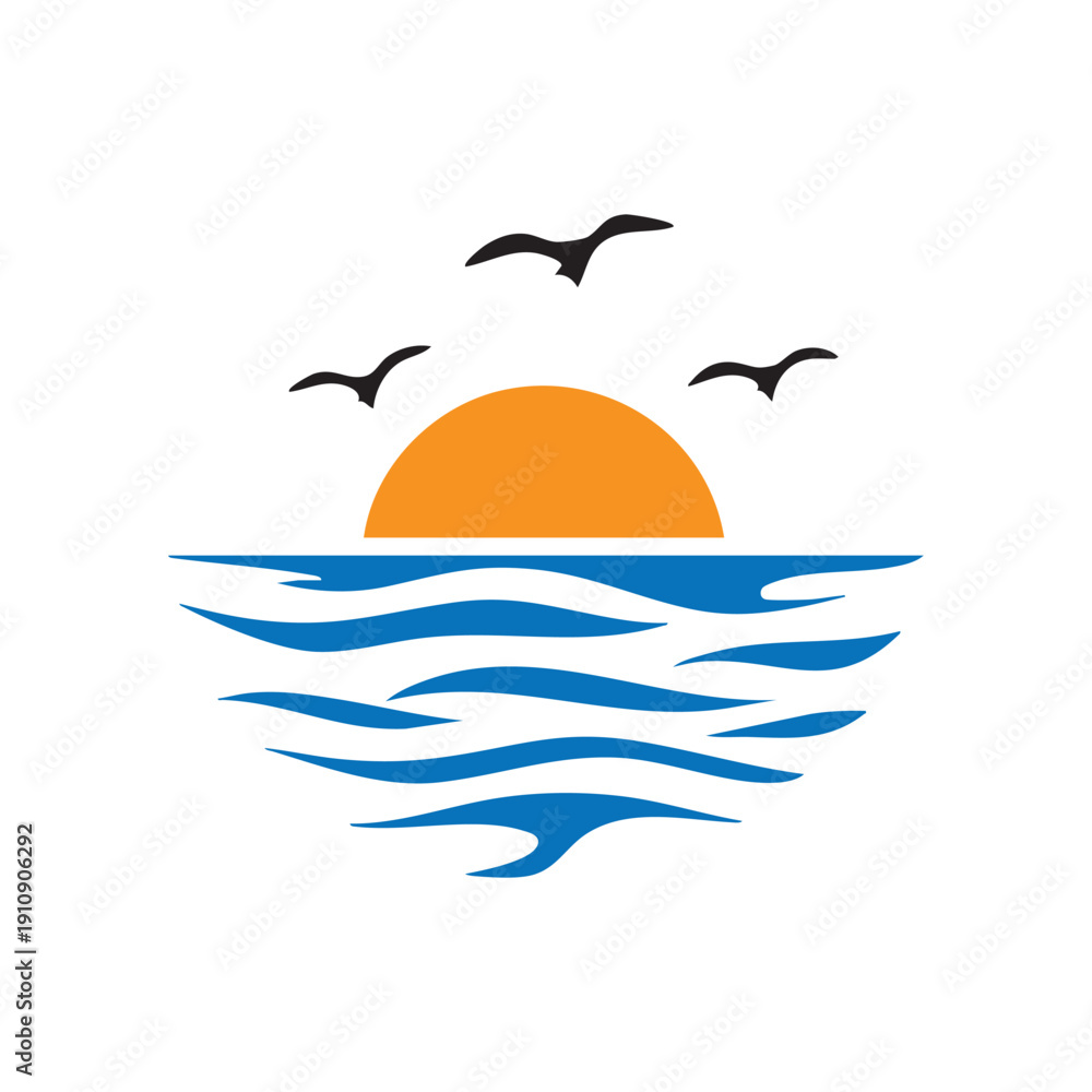 Fototapeta premium Abstract orange sunset sun over water icon