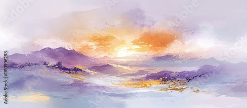 Ethereal Mountainscape: Abstract Sunrise with Golden Accents and Dreamy Purple Hues