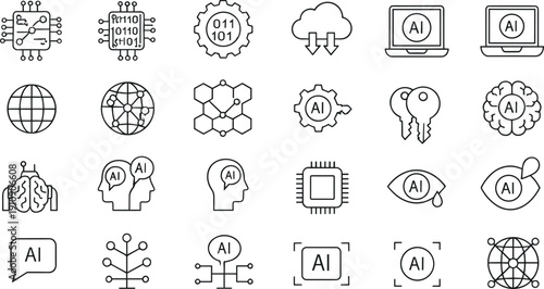 Minimal line artificial intelligence and machine learning icon set featuring neural networks cloud computing data binary chips and AI concepts