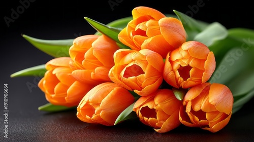 A bouquet of orange tulips is arranged in a vase