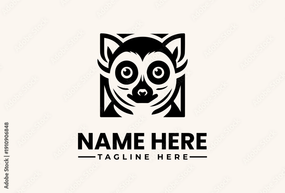 Fototapeta premium Black and white illustration of a stylized raccoon logo with geometric patterns, text placeholder for 'NAME HERE' and 'TAGLINE HERE' on a clean background.