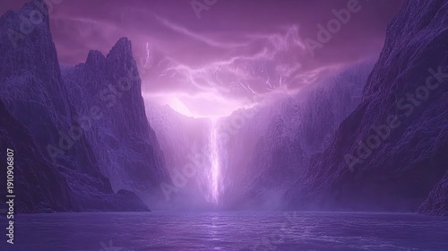 Ethereal Purple Landscape: Majestic Mountains, Waterfall, and Stormy Sky