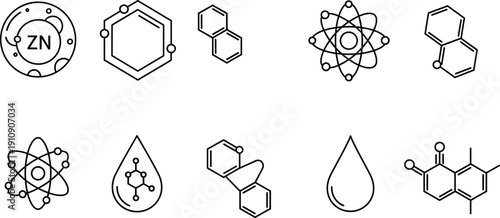 Minimal line chemistry and science icon set featuring atoms molecules chemical structures water drop and laboratory symbols