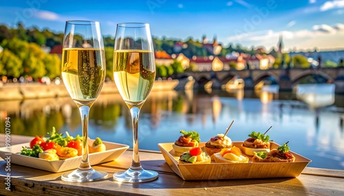 Wine and Appetizers on Wooden Table by River.