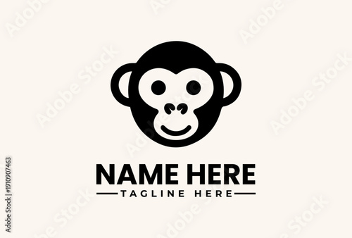 A black and white illustration of a monkey's face logo with a name and tagline on a beige background, featuring a vector graphic design with an icon and pictogram elements.