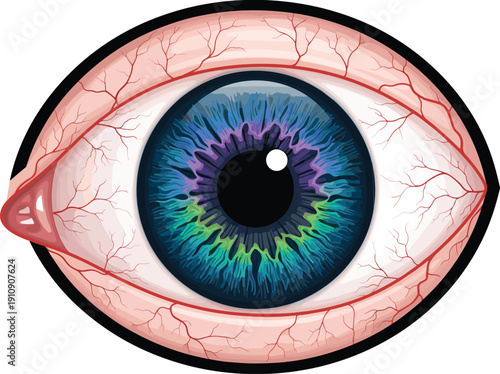 Detailed human eye anatomy illustration showing colorful iris, pupil, and blood vessels isolated on white background for medical, science, and education design us