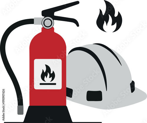 Fire Safety Equipment Icon with Extinguisher Hard Hat and Flame Symbol