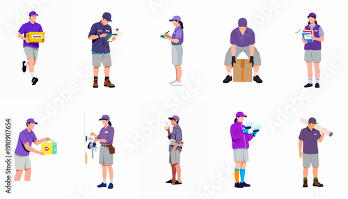 Flat Vector Set of Delivery Professionals and Essential Service Workers Handling Packages, Mail, and Documents.