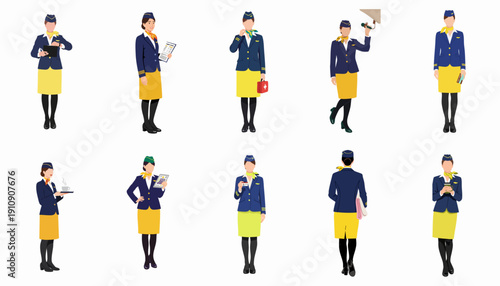 Set of Illustrated Female Flight Attendants in Uniform Performing Various Aviation Service and Safety Duties