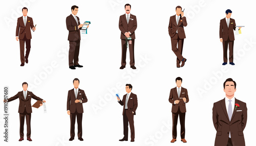 Vector set of ten male service professionals, managers, or corporate staff wearing elegant brown suits and performing various tasks.