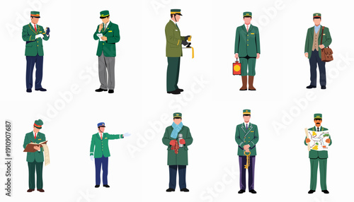 Vector set of professional railway and transportation service personnel in green uniforms, performing various duties like checking tickets, directing, and handling baggage.