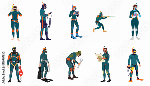 Scuba diving and snorkeling flat vector characters set performing underwater and pre-dive activities, showing gear and action poses.