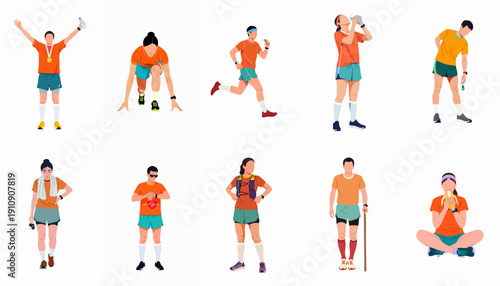 Set of Vector Illustrations: Diverse Runners Engaged in Marathon Preparation, Race Execution, Victory Celebration, Hydration, and Post-Run Recovery.