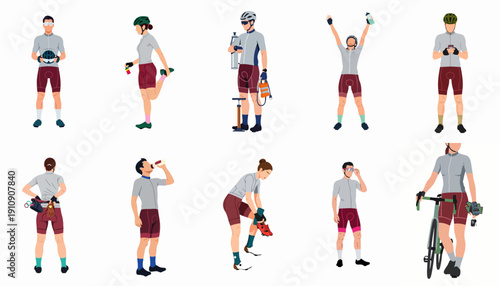 Collection of Cyclist Illustrations Showing Various Poses and Activities: Preparing Gear, Stretching, Hydrating, and Celebrating Cycling Performance.
