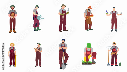 Collection of male gardeners and farmers in overalls performing various agricultural tasks with tools like shovels, rakes, watering cans, and seedlings.