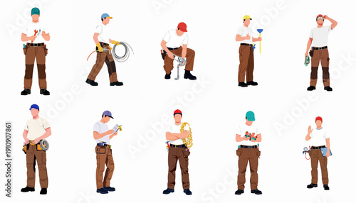 Collection of professional service workers and repair technicians standing with tools, including plumbers, handymen, and maintenance crew.