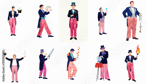 Elegant Magician Performing Classic Stage Tricks Vector Set: Illusions, Rabbit from Hat, Cards, and Escapism Icons.
